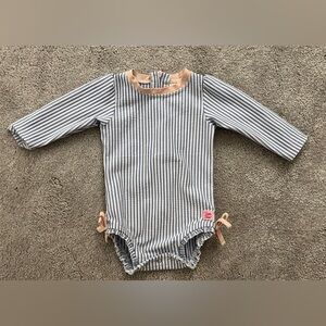 Ruffle Butts Blue and Pink Seersucker Rashguard - 6-12 months
